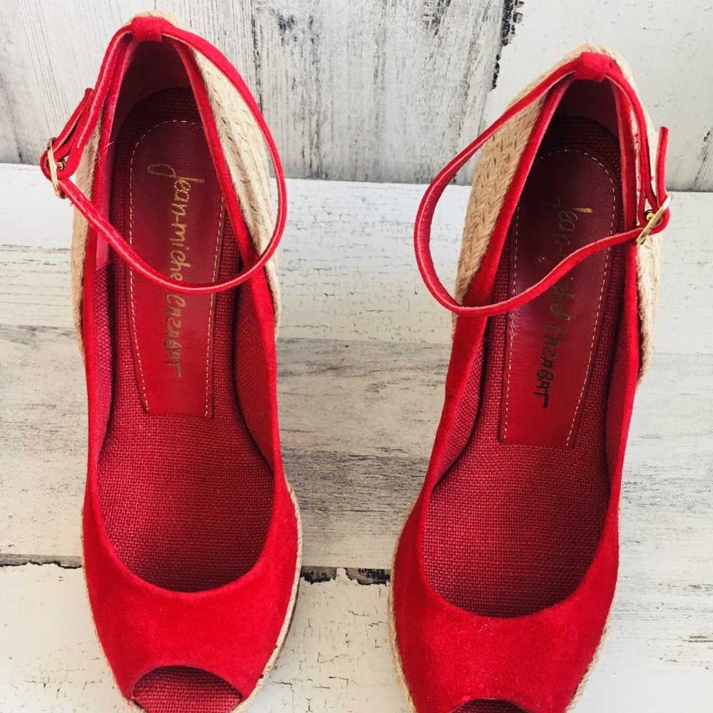 NIB Jean Michael Cazabat Zulaka Red Wedge Espadrille Ankle Strap Suede - Picture 3 of 10